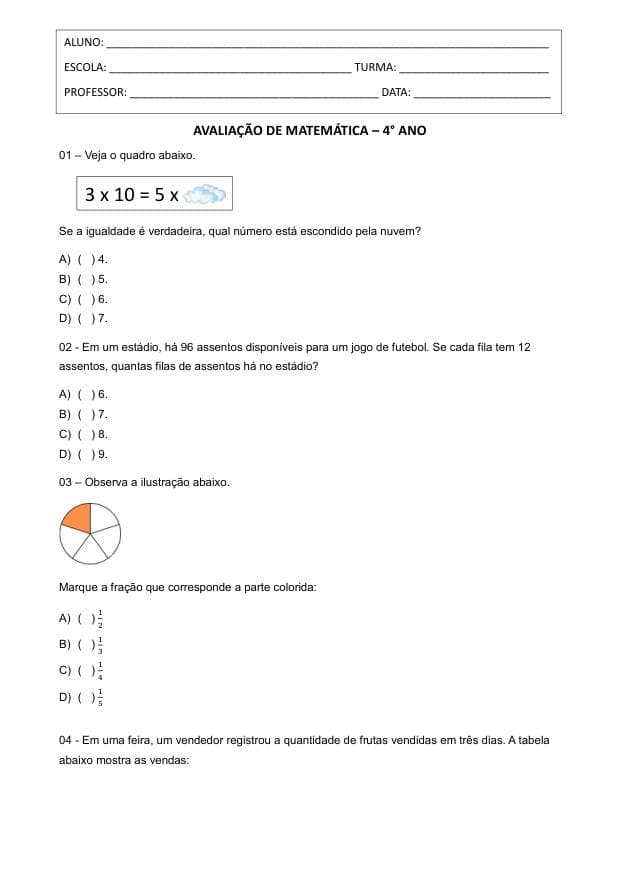 Amostra da prova de Matemática