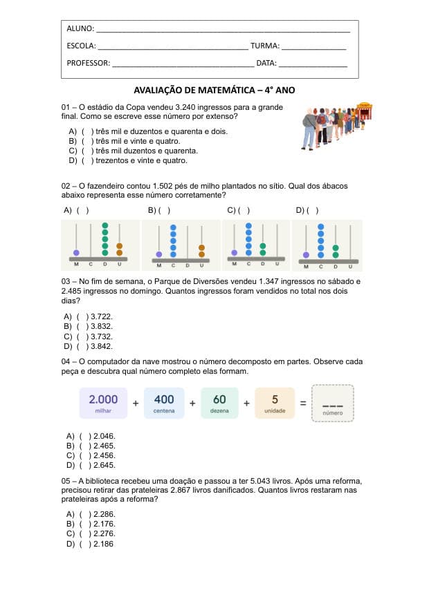 Amostra da prova de Matemática