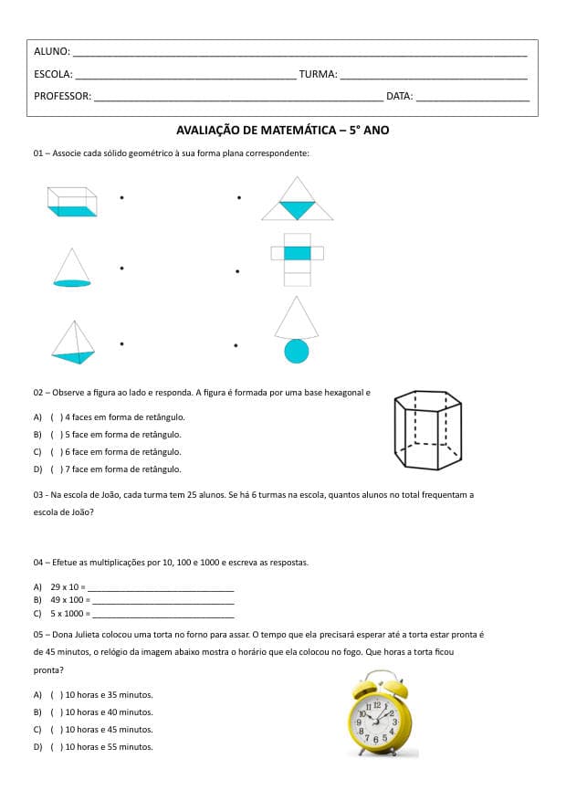 Amostra da prova de Matemática