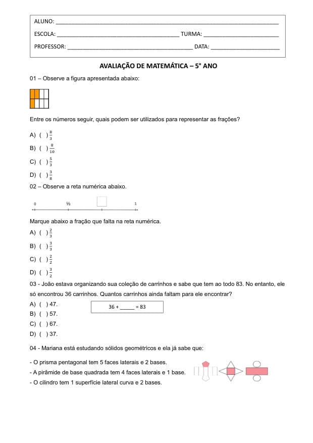Amostra da prova de Matemática