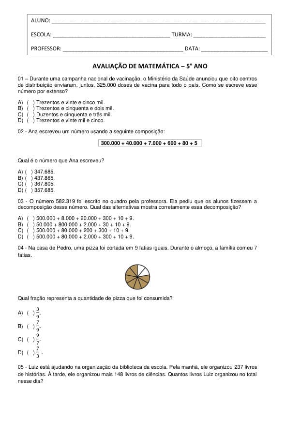 Amostra da prova de Matemática