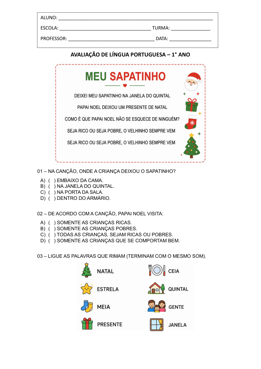 Primeira página da avaliação de Língua Portuguesa do 1º ano, com a canção Meu Sapatinho e questões de múltipla escolha