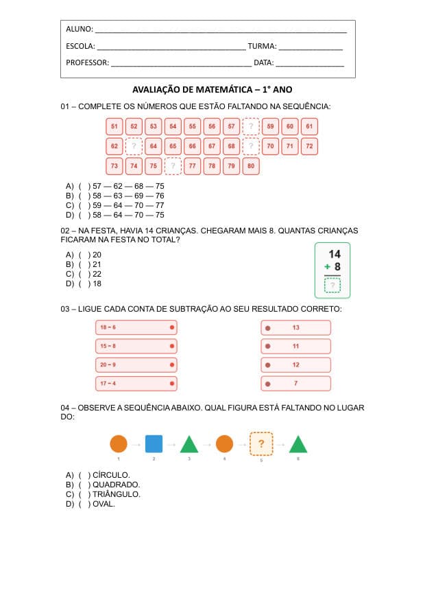 Amostra da prova de Matemática