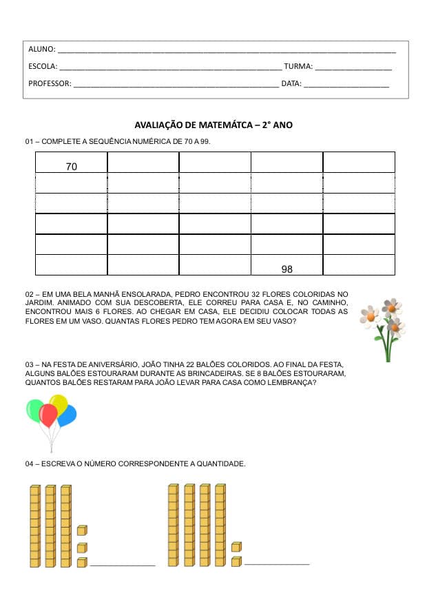 Amostra da prova de Matemática