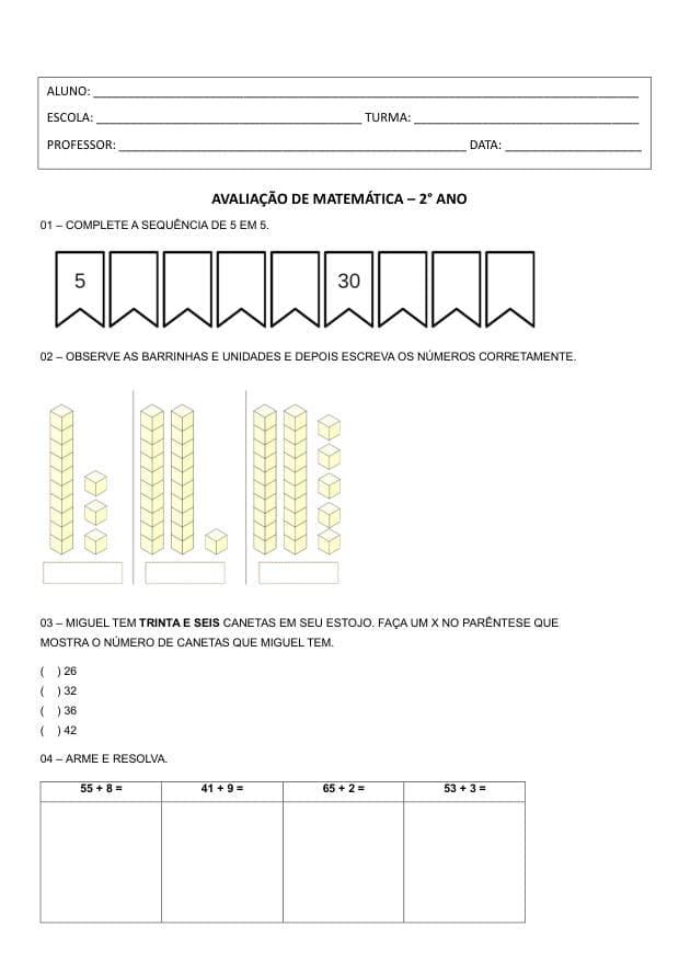 Amostra da prova de Matemática