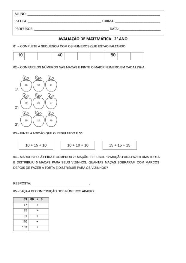 Amostra da prova de Matemática