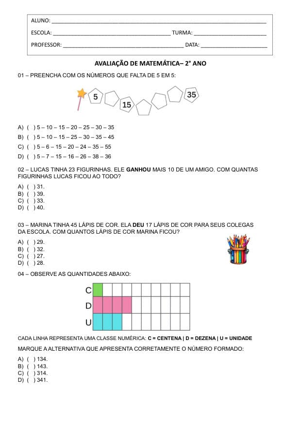 Amostra da prova de Matemática