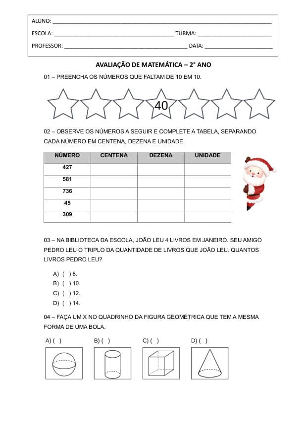 Amostra da prova de Matemática