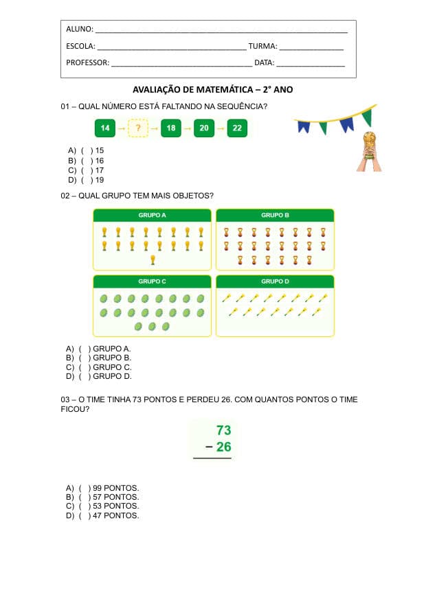 Amostra da prova de Matemática
