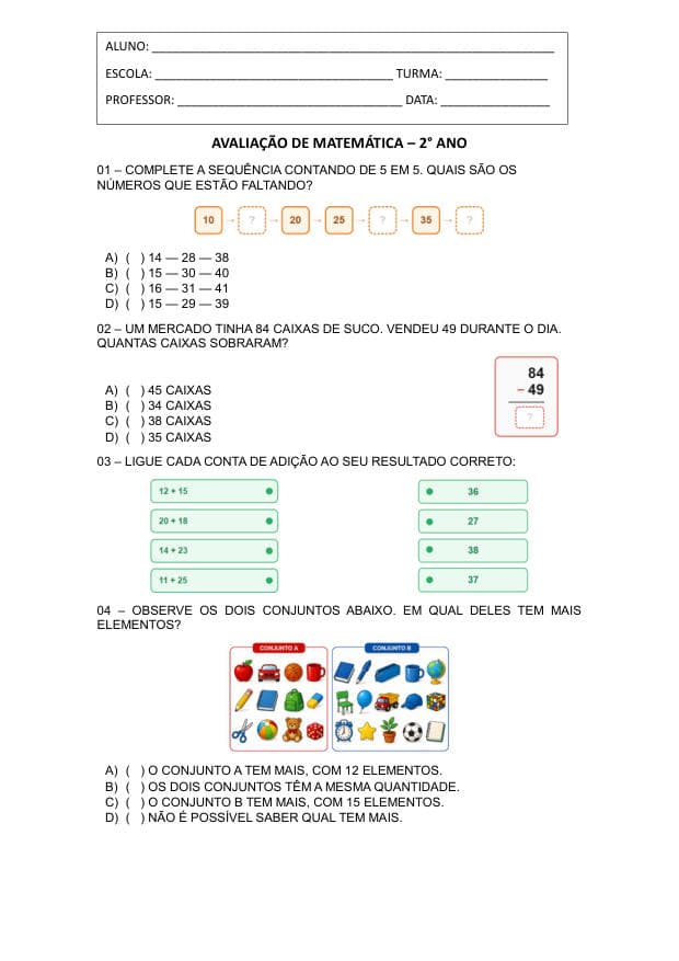 Amostra da prova de Matemática