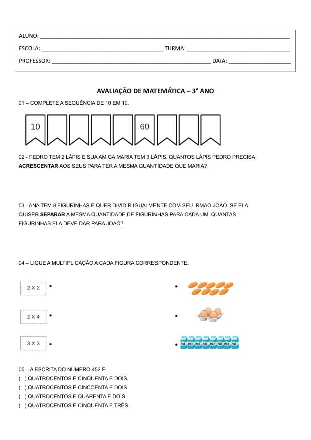 Amostra da prova de Matemática