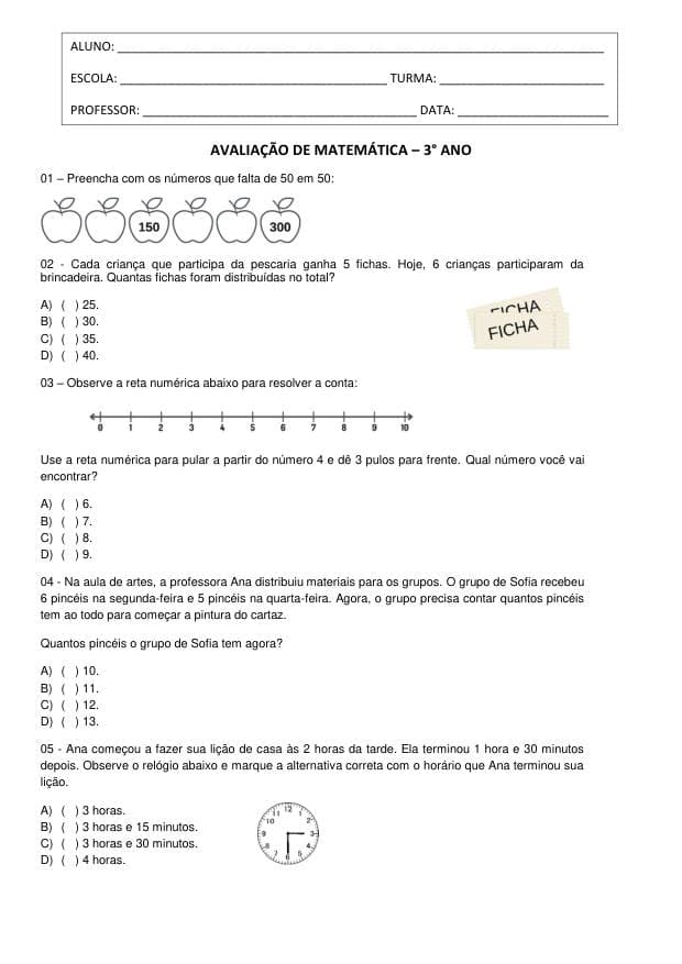 Amostra da prova de Matemática