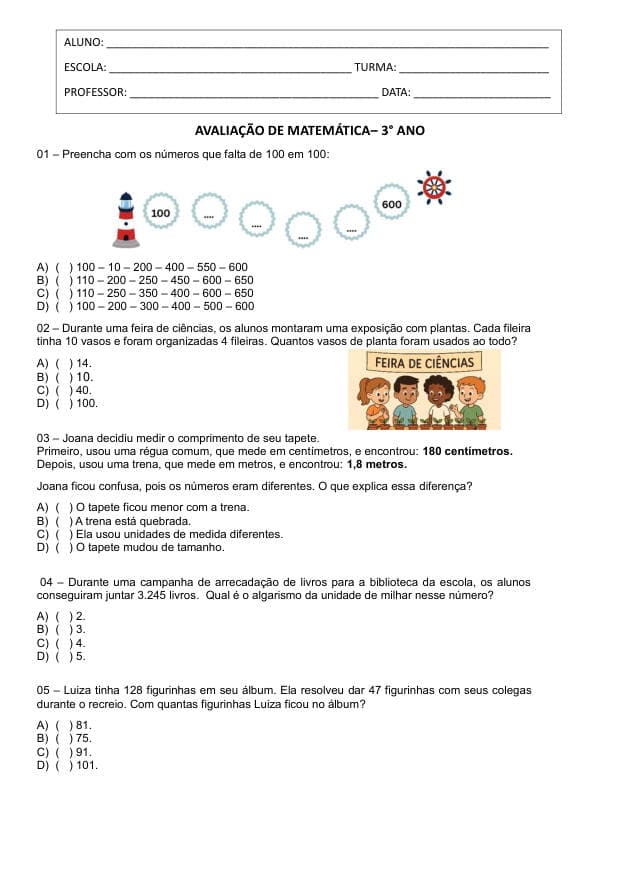 Amostra da prova de Matemática