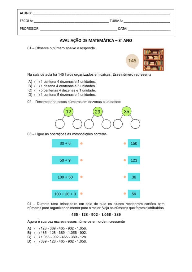Amostra da prova de Matemática