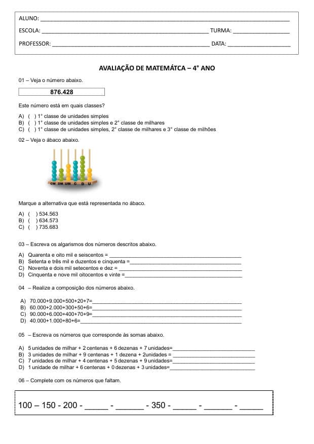 Amostra da prova de Matemática