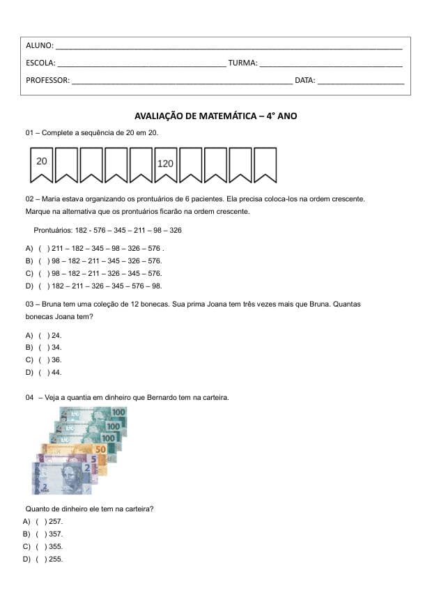 Amostra da prova de Matemática