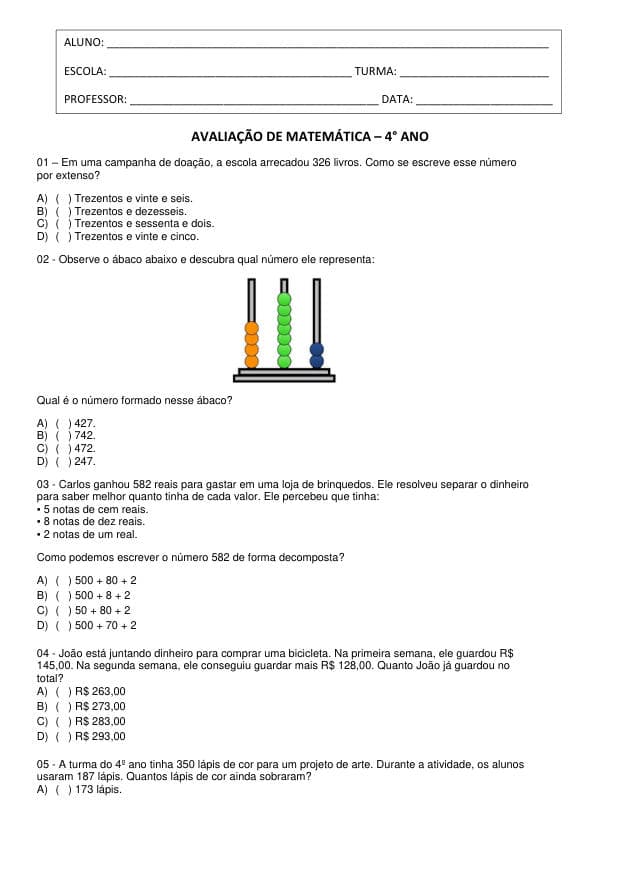 Amostra da prova de Matemática