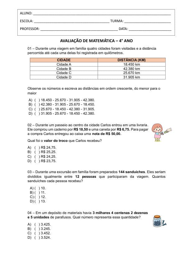 Amostra da prova de Matemática