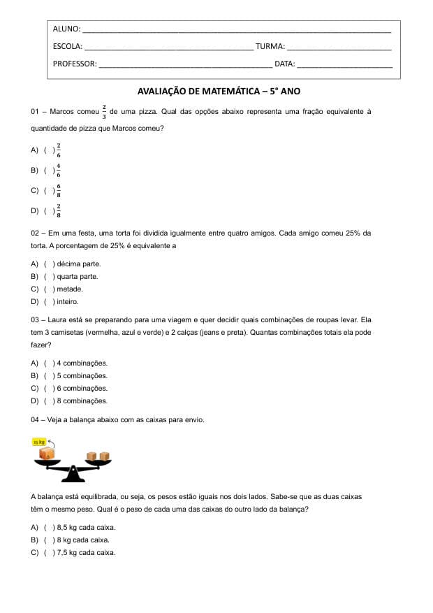 Amostra da prova de Matemática