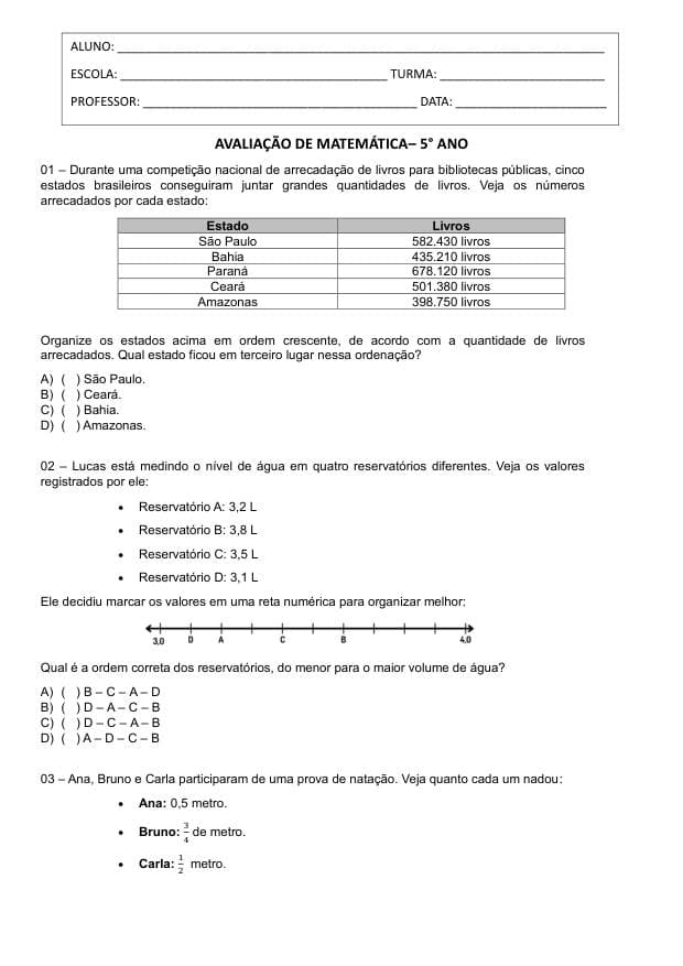 Amostra da prova de Matemática