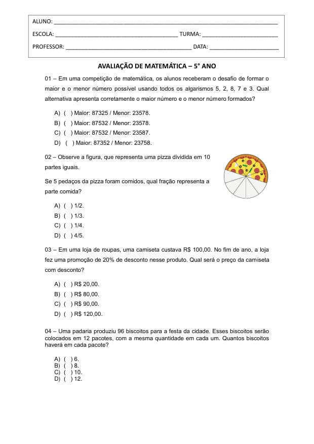 Amostra da prova de Matemática