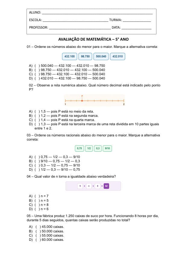 Amostra da prova de Matemática